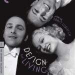 Criterion collection movie cover for "Design for Living" a film by Ernst Lubitsch. Fredric March, Gary Cooper, and Miriam Hopkins lie on the floor, smiling up at the camera, wearing formal clothes. The men are in tuxes with white ties, Miriam Hopkins in a white sparkly dress. The photo is black and white. Their heads are together as they lie facing different directions.