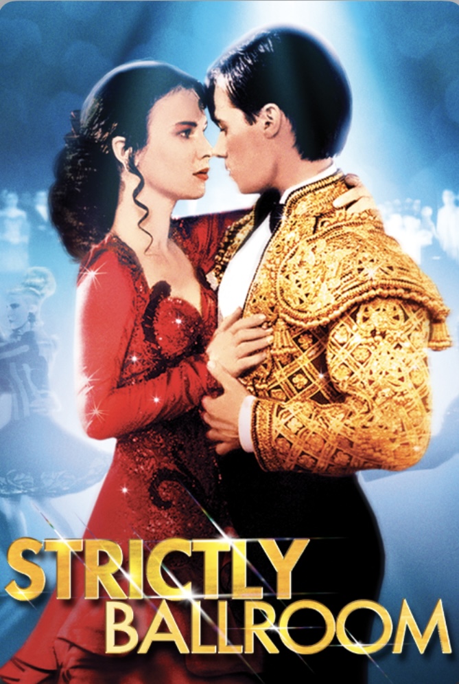 Poster for movie "Strictly Ballroom" - woman with dark brown hair in shiny red dance dress is in ballroom dance embrace with a man with dark hair in a shiny yellow bolero jacket and black pants.