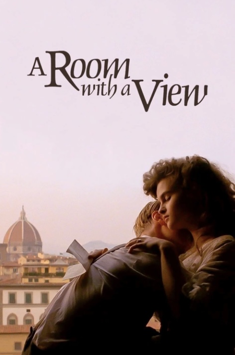 Movie poster for "A Room With A View." A young man and woman sit in the frame of an open window with a view of Florence, Italy in the background. The man has his face buried in the woman's neck as she reads a letter.
