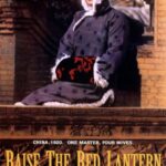 Poster for the movie "Raise the Red Lantern." A Chinese woman with her hair in a bun, sits on the brick roof of an old-fashioned house, wearing a heavy blue coat and a red muff on her hands. Her expression is sad.
