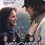A poster for the movie "Impromptu." A woman with brown, curly hair smiles at a taller man wearing a top hat and tan coat while they lightly hug. In the background is a bridge across water with a woman on horseback. Writing on the poster includes reviews saying "A terrific movie!", "Two thumbs up", "Delightful" and "Romantic."