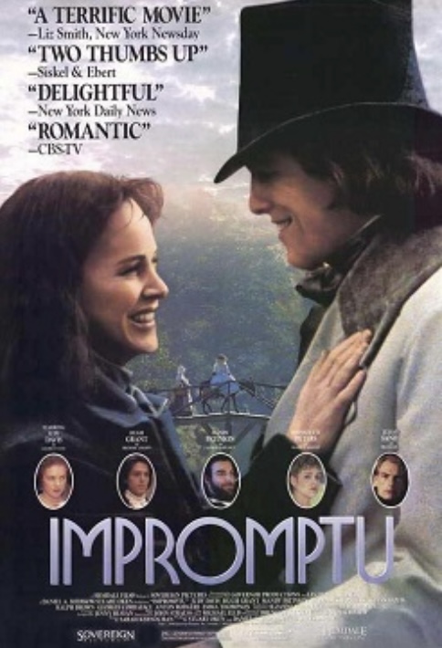 A poster for the movie "Impromptu." A woman with brown, curly hair smiles at a taller man wearing a top hat and tan coat while they lightly hug. In the background is a bridge across water with a woman on horseback. Writing on the poster includes reviews saying "A terrific movie!", "Two thumbs up", "Delightful" and "Romantic."
