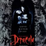Movie poster for "Bram Stoker's Dracula." Poster images in blacks and grays while the word "Dracula" is blood red. In the middle Gary Oldman's vampire holds Winona Ryder's, Mina, in an embrace from behind. At the top is the stylized head of a gargoyle which looks like a devil. On the sides are various images from the movie, including the brides of Dracula and Professor Van Helsing.