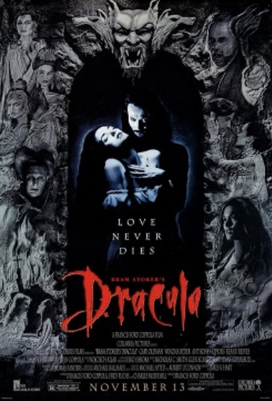 Movie poster for "Bram Stoker's Dracula." Poster images in blacks and grays while the word "Dracula" is blood red. In the middle Gary Oldman's vampire holds Winona Ryder's, Mina, in an embrace from behind. At the top is the stylized head of a gargoyle which looks like a devil. On the sides are various images from the movie, including the brides of Dracula and Professor Van Helsing.