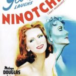 Poster for the movie "Ninotchka" with tagline "Garbo laughs." Illustration of Greta Garbo in formal yellow dress, with a mirror image of her off to the side shaded in blue with her eyes closed, looking romantic.