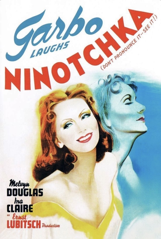 Poster for the movie "Ninotchka" with tagline "Garbo laughs." Illustration of Greta Garbo in formal yellow dress, with a mirror image of her off to the side shaded in blue with her eyes closed, looking romantic.