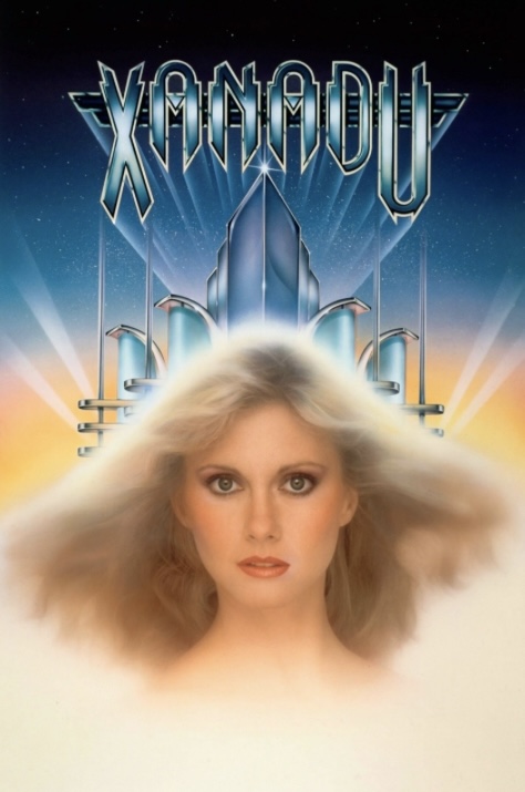 Poster for movie "Xanadu" - Olivia Newton-John's face with blond hair blown back in front of a futuristic-looking set of silver columns.