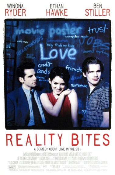 Poster for "Reality Bites." Winona Ryder stands between Ben Stiller and Ethan Hawke, with the word "Love" written behind her.