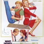 "The Parent Trap" movie poster. Illustrations of Hayley Mills as a teen girl casually sitting on a chair in jeans, talking to her twin sister in a dress, sitting properly in the chair. Below them, two adults, their parents, argue.