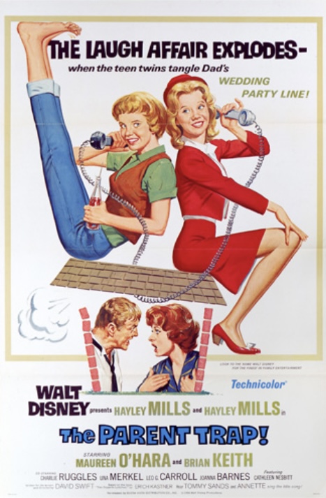 "The Parent Trap" movie poster. Illustrations of Hayley Mills as a teen girl casually sitting on a chair in jeans, talking to her twin sister in a dress, sitting properly in the chair. Below them, two adults, their parents, argue.