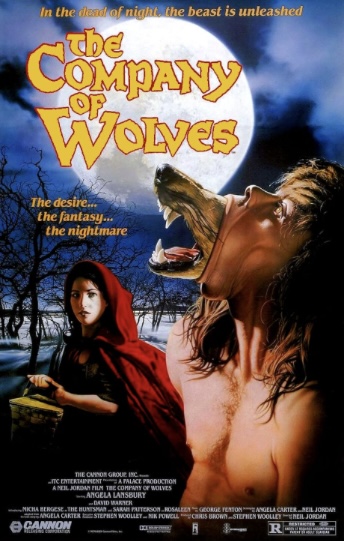 Movie poster for The Company of Wolves. Full moon in background. A girl dressed as Red Riding Hood. In the foreground a shirtless man is transforming into a wolf, the wolf's head emerging from his mouth.