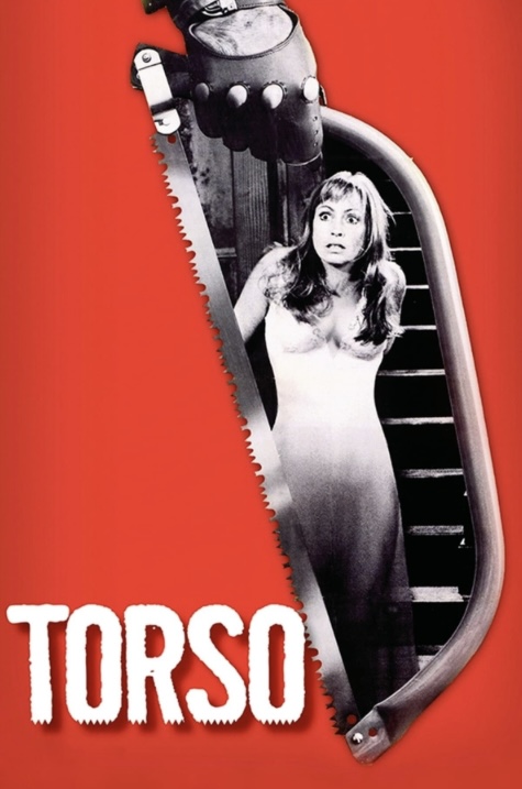 Poster for movie "Torso" red background, with terrified girl in nightgown descending stairs, inside the image of a saw held by a gloved man.